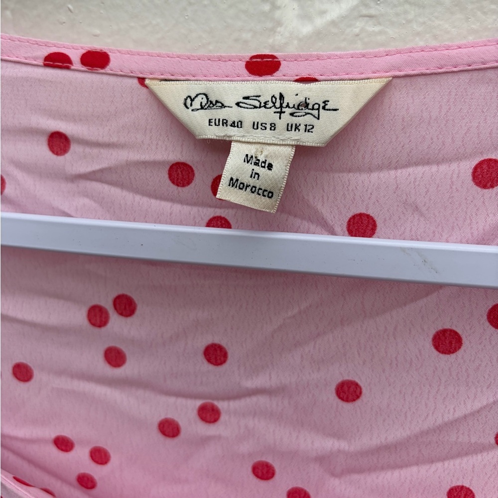 Miss Selfridge SQUARE NECK TOP WITH PUFF SLEEVES IN RED POLKA DOT-PINK, SZ 8 EUC - Picture 9 of 11